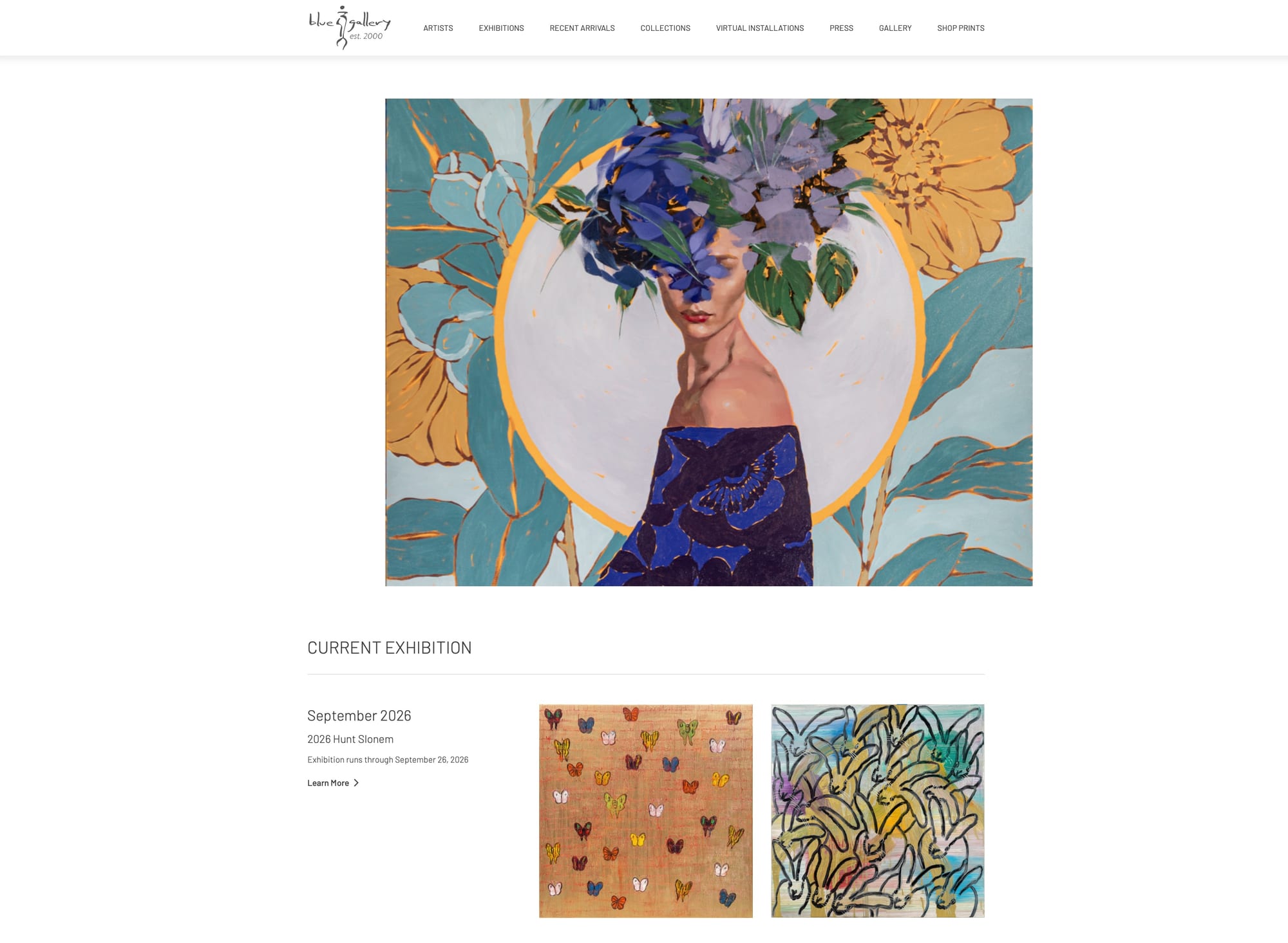Screenshot of the Blue Gallery website home page, featuring a painting of a woman crowned with flowers