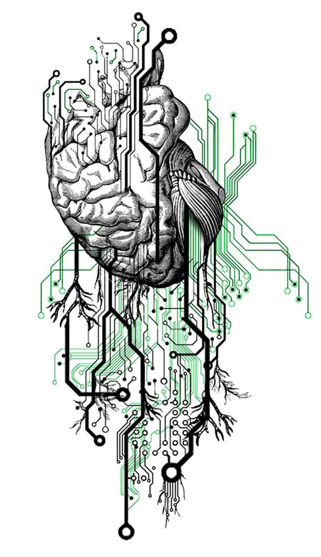 Illustration of a brain dissolving into black and green circuit-board traces