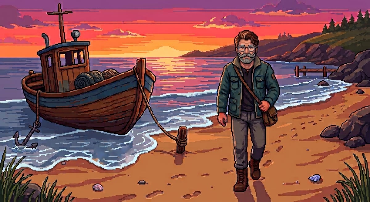 Pixel-art illustration of Jake walking away from an old wooden boat anchored on the beach at sunset
