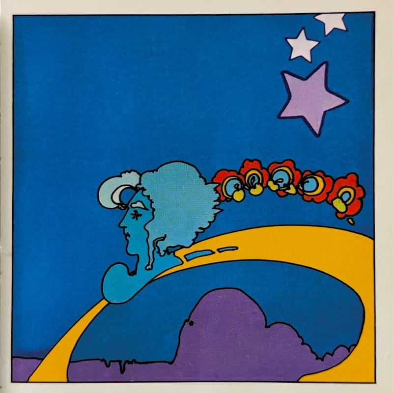 Peter Max illustration for “Boomerang”: a blue face in profile trailing red flowers over a yellow arc, with stars above