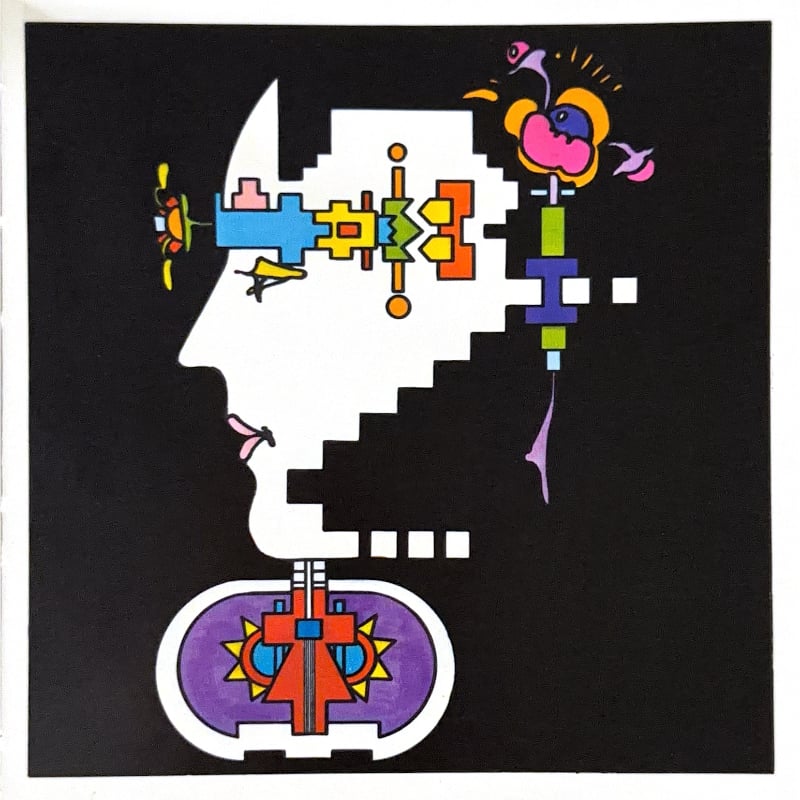 Peter Max illustration for “Character”: a white face in profile built from stepped blocks, with colorful geometric shapes, on black