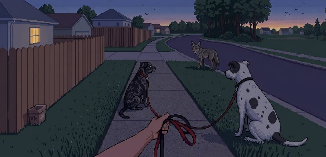 Pixel-art illustration of walking Rosie and Gus at dusk as a coyote crosses the sidewalk ahead