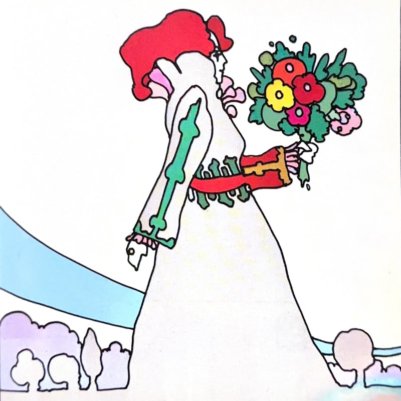 Peter Max illustration for “Love”: a red-haired woman in a long white dress holding a bouquet of flowers