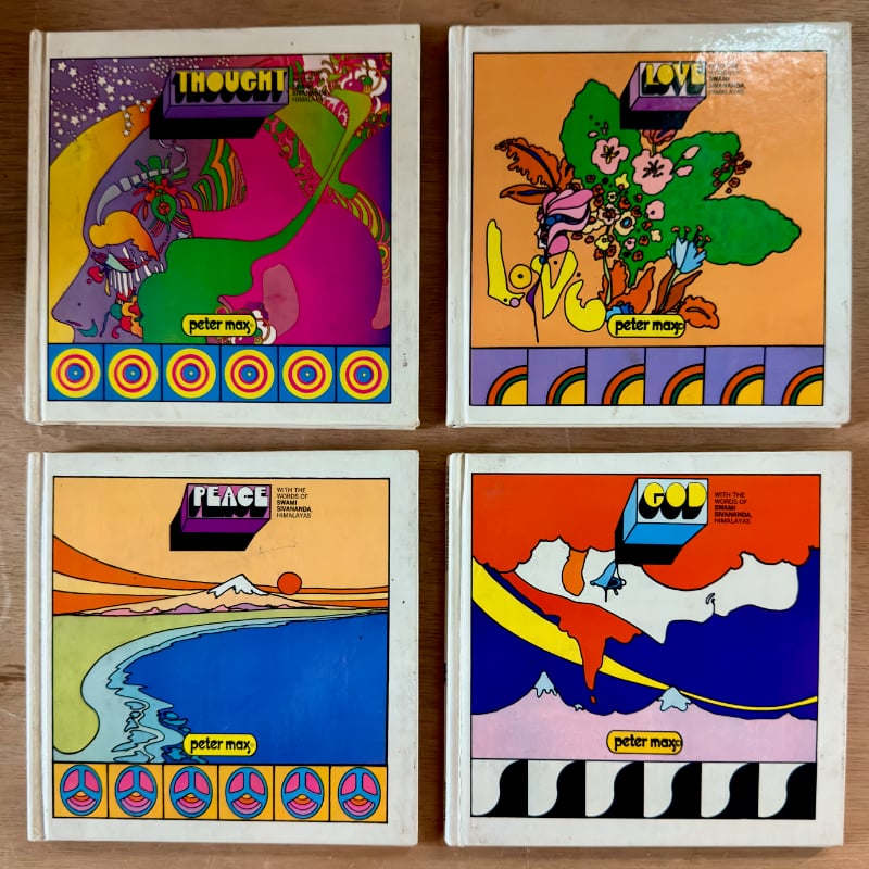 Peter Max’s four little books, Thought, Love, Peace and God, with bright psychedelic covers