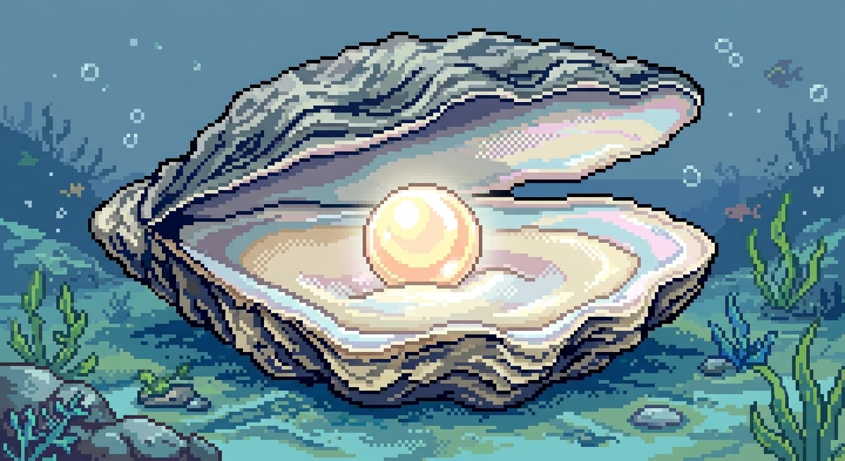 Pixel-art illustration of an open oyster on the sea floor holding a glowing pearl