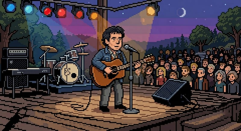 Pixel-art illustration of Paul Simon playing acoustic guitar on an outdoor stage in front of a crowd