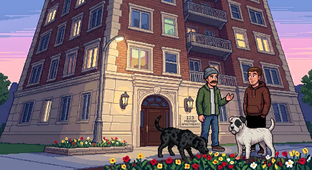 Pixel-art illustration of Jake, Rosie and Gus chatting with a stranger outside an apartment building on the Plaza