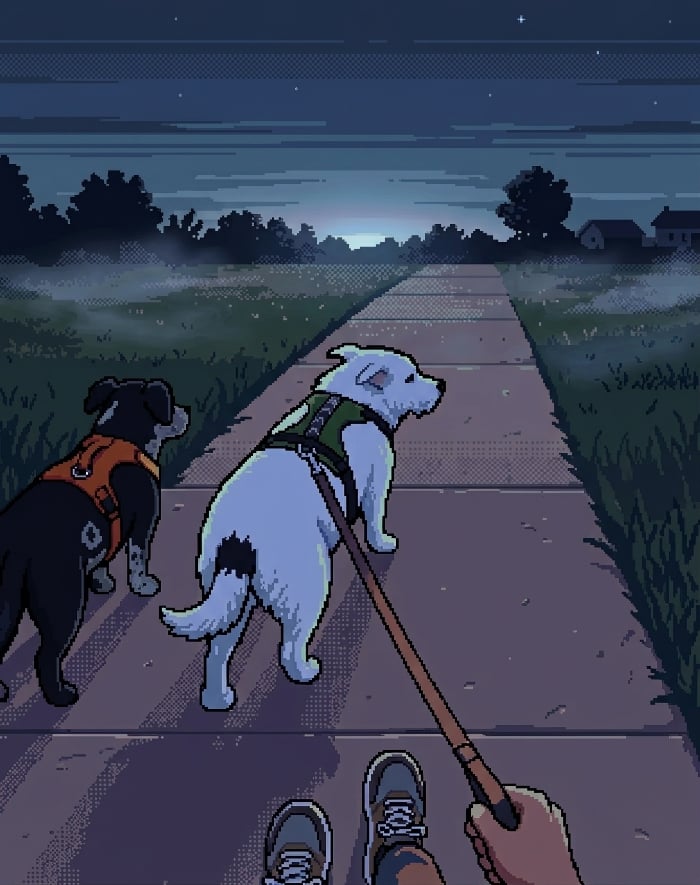 Pixel-art illustration of walking Rosie and Gus on their leashes down a sidewalk in the misty pre-dawn dark