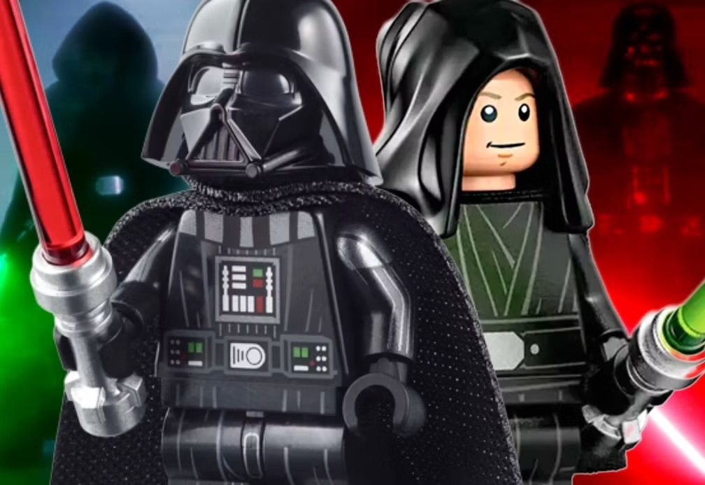 Auto-generated description: LEGO versions of iconic Star Wars characters, featuring lightsabers and a dramatic background.