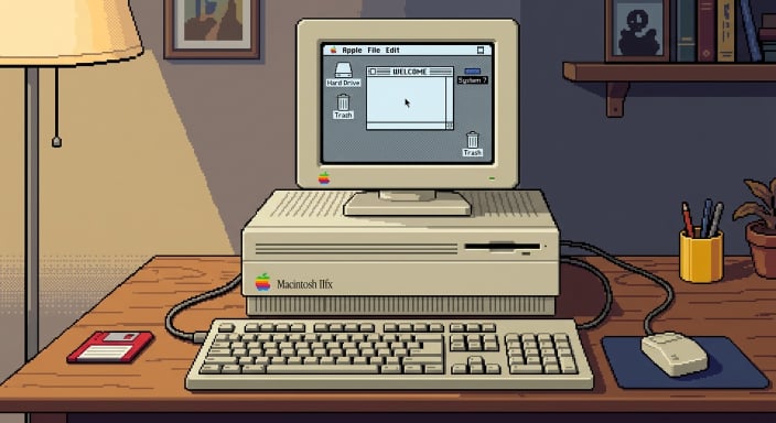 Auto-generated description: A retro computer setup features a Macintosh II with a CRT monitor displaying a file directory, accompanied by a keyboard, mouse, a floppy disk, and various desk items.