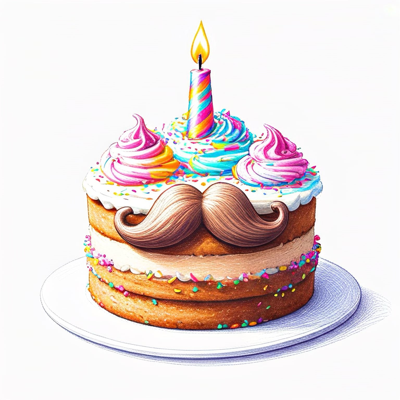 Illustration of a frosted birthday cake with one candle and a handlebar moustache on the front
